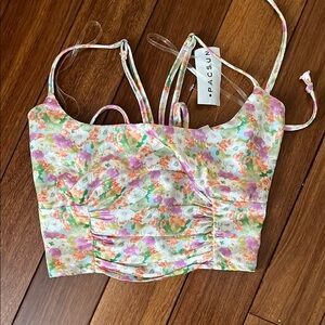 Pink and Green Ruched Bustier Crop Top